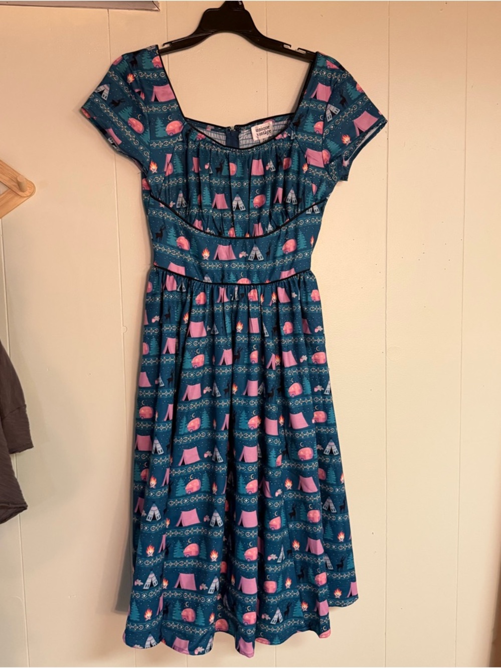 Unique Vintage Teal & Pink Camper Print Fit-and-Flare Dress with pockets